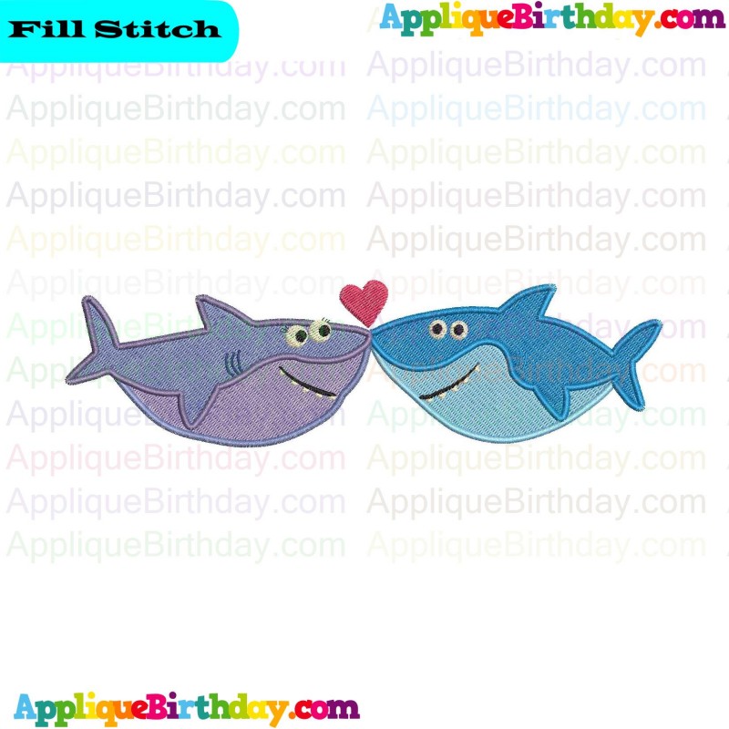 Family Shark happy birthday love Baby Shark Fill Embroidery Design